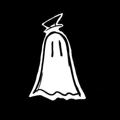 picture of a little ghost with elongated eyes and a little top hat, who is my persona, surrounded by black, the whole image is in black and white